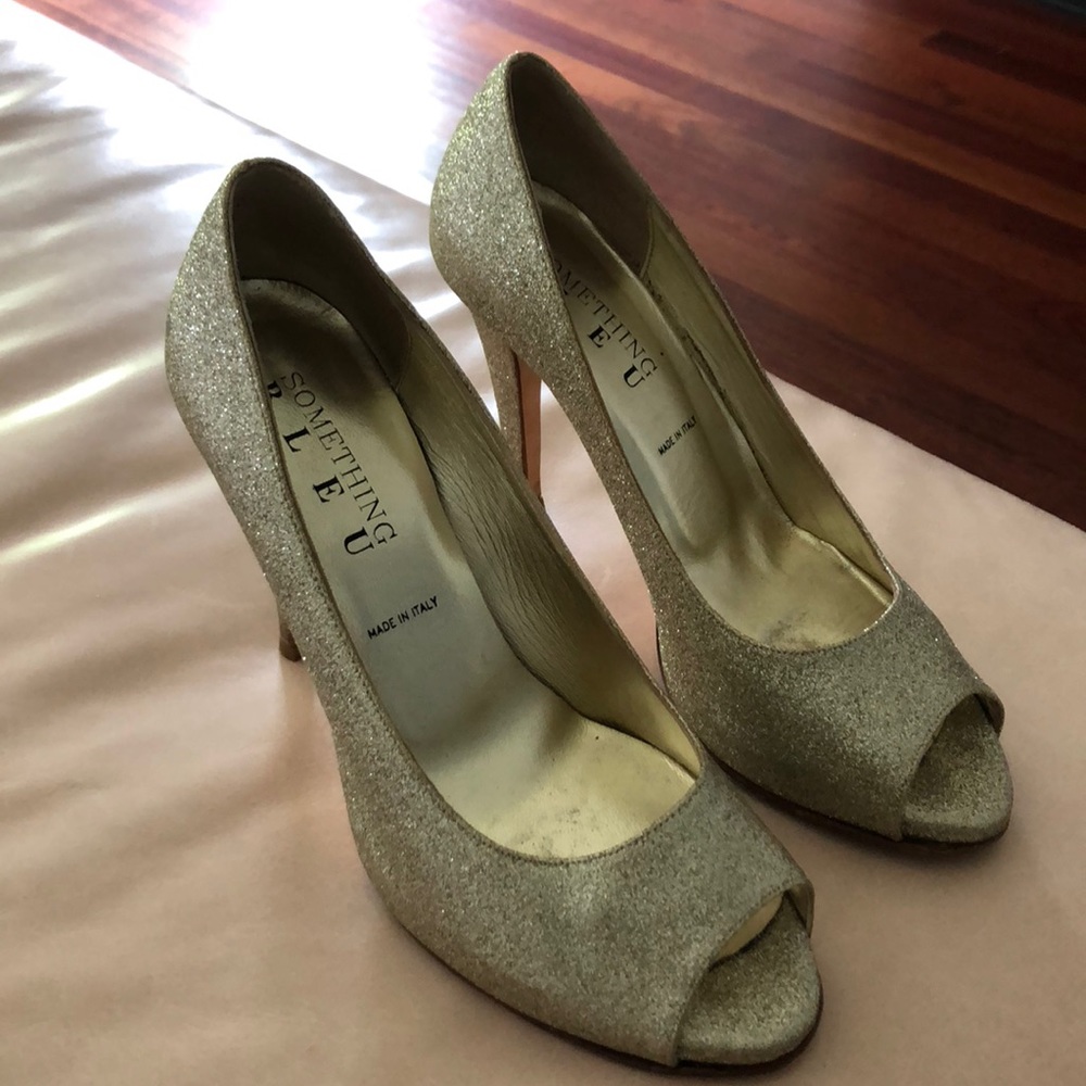 Something Bleu Covered Platform Gold Glitter Heels - image 1